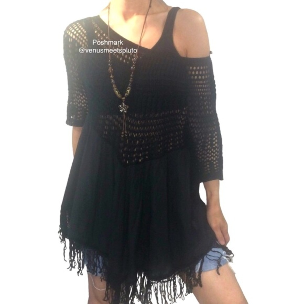 Selfie Couture Crochet Fringe Tunic Top Sz S Festival Boho Grunge Rock Western